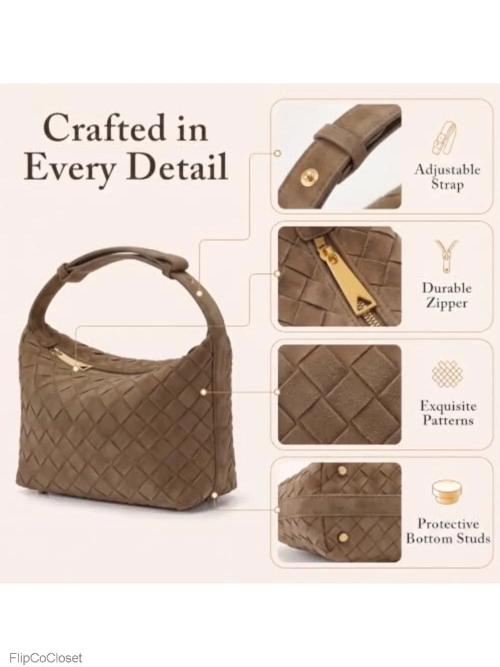 Woven Faux Suede Hobo Shoulder Bag Vegan Leather Women Handbag